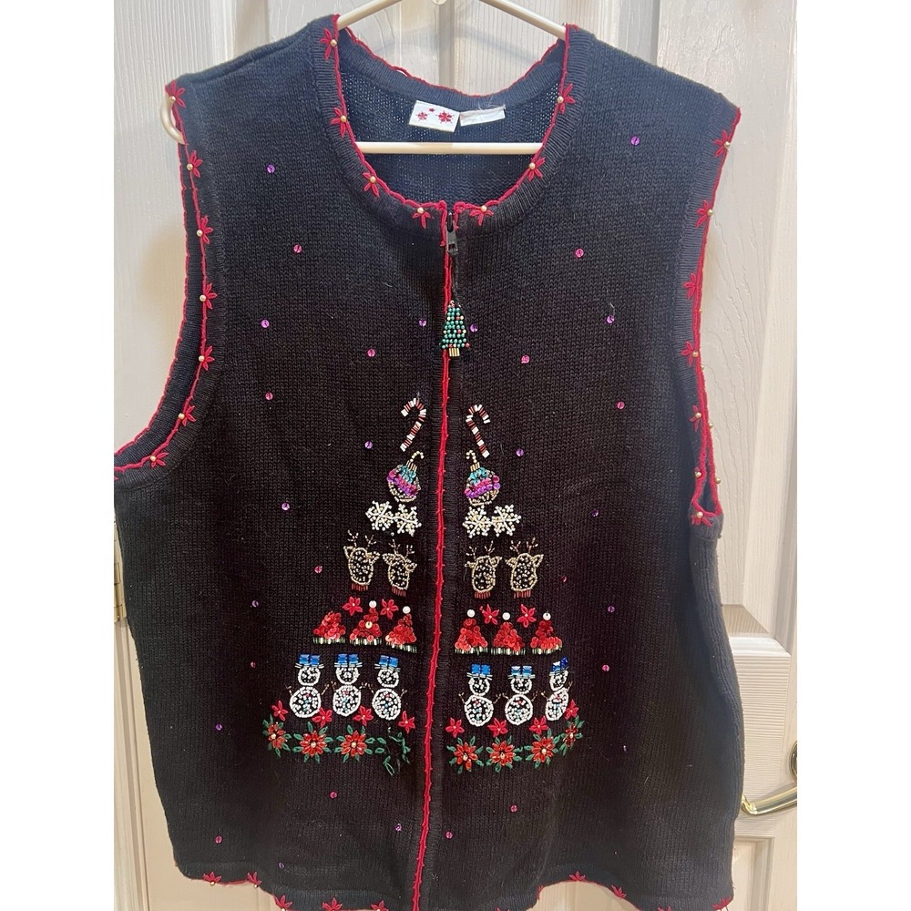 Christmas‎ Sweater Vest Zip Up Tree Snowman Beads Sequin Whimsical   XL 2X